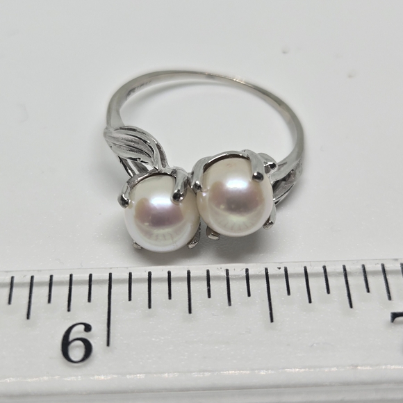 Vintage Elegant 10K White Gold  Pearl Ring Toi Et Moi Sz 6.25 - Picture 10 of 10